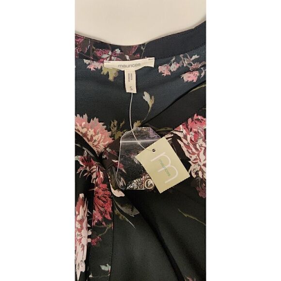 Maurices Floral 3/4 Sleeve V Neck Criss Cross Sheer Chiffon Black Blouse Size XS - Picture 2 of 8
